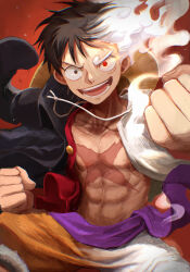 Rule 34 | 1boy, :d, absurdres, black eyes, black hair, brown shorts, collarbone, facial scar, hat, hat on back, highres, looking at viewer, male focus, monkey d. luffy, multicolored clothes, multicolored hair, multicolored shorts, oekakiboya, one piece, open clothes, open mouth, open vest, red eyes, red vest, scar, scar on cheek, scar on face, shorts, smile, solo, spoilers, stance, straw hat, sun hat, two-tone hair, v-shaped eyebrows, vest, white hair, white shorts