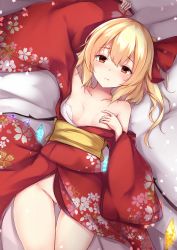 Rule 34 | 1girl, alternate costume, arm up, bare shoulders, bed sheet, blonde hair, blush, breasts, commentary request, covering privates, covering breasts, cowboy shot, crystal, flandre scarlet, floral print, gluteal fold, groin, hair between eyes, hair ribbon, highres, japanese clothes, kashiwagi yamine, kimono, long hair, long sleeves, looking at viewer, lying, no headwear, no panties, obi, off shoulder, on back, one side up, red eyes, red kimono, red ribbon, ribbon, sash, small breasts, solo, thighs, touhou, wide sleeves, wings, yellow sash