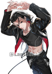 Rule 34 | 1boy, abs, alternate costume, arms up, black eyes, black hair, cropped shirt, feet out of frame, from above, hunter x hunter, illumi zoldyck, jacket, lan dinh thi dieu, long hair, long sleeves, looking at viewer, loose hair strand, male focus, midriff, navel, open clothes, open jacket, own hands together, parted lips, solo, standing