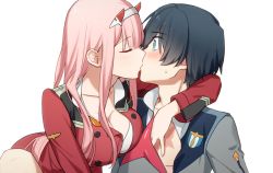 Rule 34 | 10s, 1boy, 1girl, black hair, blue eyes, blush, breasts, cleavage, couple, darling in the franxx, closed eyes, face-to-face, hair ornament, hairband, hand on another&#039;s chest, hetero, hiro (darling in the franxx), horns, kiss, long hair, looking at another, military, military uniform, necktie, no legwear, oni horns, open clothes, orange neckwear, pink hair, red horns, red neckwear, short hair, sweatdrop, toma (norishio), uniform, white hair ornament, white hairband, zero two (darling in the franxx)