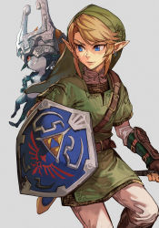 Rule 34 | 1boy, 1girl, blue eyes, boots, earrings, fur, headgear, holding, holding sword, holding weapon, hungry clicker, hylian shield, jewelry, link, looking to the side, midna, nintendo, orange eyes, pants, pointy ears, shield, smile, swept bangs, sword, the legend of zelda, the legend of zelda: twilight princess, triforce print, tunic, weapon