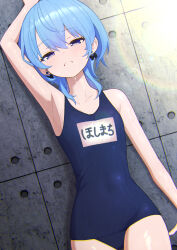 Rule 34 | 1girl, absurdres, alternate costume, alternate hair length, alternate hairstyle, blue eyes, blue hair, blue one-piece swimsuit, blush, bow, bow earrings, closed mouth, commentary request, cowboy shot, earrings, flat chest, frown, hair between eyes, half-closed eyes, highres, hololive, hoshimachi suisei, jewelry, lens flare, looking at viewer, lunch boxer, lying, medium hair, name tag, old school swimsuit, on back, one-piece swimsuit, school swimsuit, solo, star (symbol), star in eye, sweat, swimsuit, symbol in eye, virtual youtuber