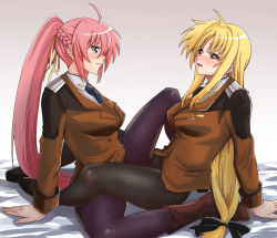 Rule 34 | 2girls, bed, black legwear, blonde hair, blue eyes, blush, boots, braid, breasts, fate testarossa, forest (4423), hair ornament, hair ribbon, highres, large breasts, looking at another, lyrical nanoha, mahou shoujo lyrical nanoha strikers, military, military uniform, multiple girls, necktie, open mouth, pantyhose, pink hair, ponytail, red eyes, ribbon, signum, simple background, smile, tribadism, tribadism through clothes, uniform, white background, yuri