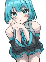 Rule 34 | 1girl, :t, absurdres, alternate hair length, alternate hairstyle, aqua eyes, aqua hair, aqua necktie, bare shoulders, black skirt, blush, closed mouth, collared shirt, commentary request, cowboy shot, detached sleeves, grey shirt, hatsune miku, highres, interlocked fingers, long sleeves, looking at viewer, miniskirt, necktie, own hands together, pout, shirt, short hair, simple background, sk duki, skirt, solo, vocaloid, white background, wide sleeves