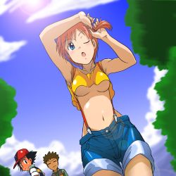 Rule 34 | 1girl, 2boys, adjusting hair, alternate color, armpits, arms up, ash ketchum, bad id, bare shoulders, baseball cap, black hair, blue eyes, blue sky, blush, breasts, brock (pokemon), brown hair, cleavage, closed eyes, clothes lift, cloud, cloudy sky, collarbone, cowboy shot, creatures (company), crop top, crop top overhang, cropped legs, curvy, day, denim, denim shorts, from below, game freak, gen 1 pokemon, gym leader, hairdressing, hat, highres, hip focus, legs, lens flare, looking at viewer, medium breasts, midriff, misty (pokemon), multiple boys, navel, nintendo, no bra, one eye closed, open mouth, orange hair, outdoors, pikachu, poke ball, pokemon, pokemon: the electric tale of pikachu, pokemon (anime), pokemon (creature), pokemon dppt (anime), ponytail, red hair, revealing clothes, shiny clothes, shirt, shirt lift, short hair, short ponytail, short shorts, shorts, side ponytail, simple background, sky, sleeveless, sleeveless shirt, solo focus, sun, suspenders, takaya n, tank top, teasing, thigh gap, tight clothes, tomboy, tree, underboob, upshirt, wide hips, wide ponytail, wink, yellow shirt