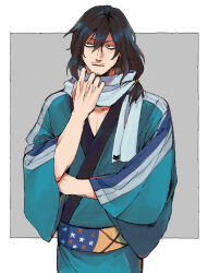 Rule 34 | 1boy, alternate costume, animal print, bags under eyes, black hair, blue kimono, boku no hero academia, border, cat print, closed mouth, eraser head (boku no hero academia), facial hair, grey scarf, japanese clothes, kimono, long hair, looking to the side, male focus, messy hair, mustache, pectoral cleavage, pectorals, rnuyvm, scarf, solo, sparse stubble, white border, wide sleeves