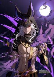 Rule 34 | 1boy, abs, animal ears, animal hat, arabian clothes, arm at side, artist name, belt, black choker, black cloak, black hat, bridal gauntlets, choker, cloak, commentary, cyno (genshin impact), dark-skinned male, dark skin, electricity, energy, fingernails, full moon, gem, genshin impact, gold trim, grey hair, hair over one eye, hand up, hat, highres, hood, hood up, hooded cloak, jackal ears, jewelry, long hair, looking at viewer, male focus, moon, navel, necklace, ngkhyn, night, night sky, one eye covered, outdoors, parted bangs, parted lips, red eyes, short sleeves, sidelocks, signature, sky, smile, solo, standing, stomach, swept bangs, watermark