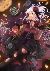 Rule 34 | 1girl, arms up, bad id, bad pixiv id, bandaged arm, bandages, black pantyhose, breasts, candle, candy, cape, chain, choker, closed mouth, dress, eyes visible through hair, fang, fingernails, flower, food, ghost, hair flower, hair ornament, halloween, highres, medium breasts, medium hair, mizunashi (second run), mouth hold, one eye covered, original, pantyhose, pumpkin, red flower, red rose, rose, scar, solo, white hair, yellow eyes