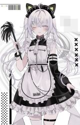 Rule 34 | 1girl, alternate costume, apron, black dress, black nails, blush, chiemo (xcem), dress, enmaided, fingernails, frilled apron, frilled dress, frills, grey eyes, grey hair, hair between eyes, highres, holding, long hair, looking at viewer, maid, maid apron, maid headdress, nail polish, necktie, one eye closed, open mouth, original, single thighhigh, smile, solo, thigh strap, thighhighs, twintails, white apron, white necktie, white thighhighs