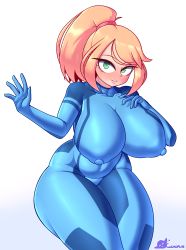 Rule 34 | 1girl, absurdres, areola slip, blonde hair, blush, bodysuit, breasts, collarbone, covered erect nipples, cuchuflin, frown, green eyes, hand up, highres, huge breasts, long hair, metroid, nintendo, ponytail, samus aran, solo, standing, teeth, thick thighs, thighs, white background, wide hips, zero suit