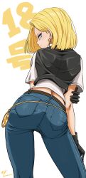 Rule 34 | 1girl, absurdres, android 18, ass, black gloves, blonde hair, blue eyes, blue pants, character name, closed mouth, dragon ball, dragonball z, earrings, from behind, gloves, highres, jewelry, leaning forward, looking back, medium hair, pants, profile, shirt, short sleeves, smile, solo, standing, straight hair, white shirt, wolkat