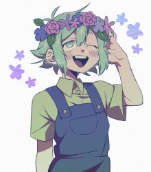 Rule 34 | 1boy, absurdres, arm up, basil (headspace) (omori), basil (omori), blue overalls, blush, collared shirt, green eyes, green hair, head wreath, highres, kageimo, looking away, looking up, omori, open mouth, overall shorts, overalls, shirt, short hair, short sleeves, smile, solo, teeth, twitter username, upper body, upper teeth only, yellow shirt