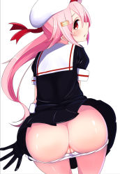 Rule 34 | 10s, 1girl, ass, ass support, bad id, bad pixiv id, blush, cleft of venus, female focus, from behind, gloves, hair ornament, hairclip, harusame (kancolle), hat, kantai collection, long hair, looking back, panties, panty pull, pink hair, ponytail, pussy, red eyes, school uniform, serafuku, sideways mouth, simple background, skirt, solo, tenken (gotannda), uncensored, underwear, white background, white panties
