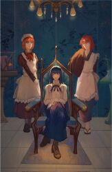 Rule 34 | 3girls, ;), apron, arm behind back, armchair, black hair, blue eyes, blue skirt, boots, bow, bowtie, chair, chandelier, commentary request, crossed legs, frilled apron, frills, fucha, hair between eyes, hair bow, hands on own knee, highres, hisui (tsukihime), knee boots, kohaku (tsukihime), loafers, long sleeves, maid, maid apron, multiple girls, one eye closed, orange eyes, parted lips, plant, potted plant, red bow, red hair, scrunchie, shoes, short hair, siblings, sidelocks, skirt, smile, tabi, tile floor, tiles, tohno akiha, tsukihime, twins, vase, wa maid, wallpaper (object), white scrunchie, wide sleeves