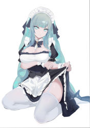 Rule 34 | 1girl, apron, aqua eyes, aqua hair, blunt bangs, breasts, cleavage, clothes lift, garter straps, hair ribbon, high heels, large breasts, lifted by self, long hair, maid headdress, original, pointy ears, ribbon, simple background, sitting, skirt, skirt lift, slm, solo, thighhighs, unfinished, waist apron, white background, white thighhighs, yokozuwari