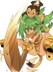 Rule 34 | 1girl, absurdres, animal ears, animal hands, animal print, blade (galaxist), boomerang, bottomless, cat ears, cham cham, gloves, green hair, highres, monkey, paku paku, paw gloves, paw shoes, queen&#039;s blade, queen&#039;s gate, samurai spirits, shoes, simple background, tail, tiger print, weapon, white background