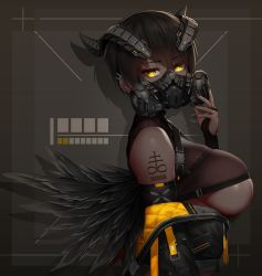Rule 34 | 1girl, absurdres, barcode, barcode tattoo, bare shoulders, black jacket, black nails, breasts, bridal gauntlets, brown hair, crop top, cropped jacket, dark-skinned female, dark skin, ear piercing, fake horns, feather trim, from side, gas mask, glowing, glowing eyes, grey background, hand up, headgear, highres, horns, jacket, large breasts, leviathan cross, looking at viewer, looking to the side, mask, nail polish, off shoulder, open clothes, open jacket, original, piercing, short hair, shoulder tattoo, skindentation, solo, tattoo, underboob, unzipped, upper body, vana, yellow eyes