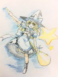 Rule 34 | 1girl, :d, apron, arm up, boots, broom, colored pencil (medium), female focus, hat, kirisame marisa, open mouth, skirt, skirt set, smile, solo, standing, standing on one leg, star (symbol), touhou, traditional media, witch, witch hat, yoshizo san