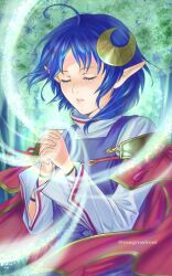 Rule 34 | 1girl, ahoge, blue hair, cape, casting spell, crescent, crescent hair ornament, hair ornament, highres, kinoeneko, magic, own hands together, pointy ears, red cape, rena lanford, short hair, solo, star ocean, star ocean the second story, tree