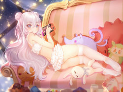 Rule 34 | + +, 1girl, antenna hair, azur lane, blush, bra, cinderella bust, closed mouth, commentary request, couch, double bun, feet, grey eyes, hair between eyes, hair bun, highres, holding, layered skirt, le malin (azur lane), legs, long hair, looking at viewer, looking back, nintendo switch, no shoes, on couch, orry, pleated skirt, silver hair, skirt, smile, soles, solo, star (symbol), striped, stuffed animal, stuffed rabbit, stuffed toy, thighhighs, underwear, vertical stripes, very long hair, white bra, white skirt, white thighhighs, window