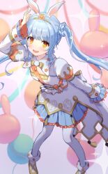 Rule 34 | 1girl, :d, animal ear fluff, animal ears, arm up, balloon, blue hair, blue skirt, braid, commentary, flower, frilled skirt, frilled sleeves, frills, hair flower, hair ornament, highres, hololive, juliet sleeves, leaning forward, long sleeves, looking at viewer, mochigome 19, official alternate costume, official alternate hair length, official alternate hairstyle, open mouth, orange eyes, pantyhose, puffy sleeves, rabbit-shaped pupils, rabbit ears, rabbit girl, skirt, smile, solo, sparkle, symbol-shaped pupils, tiara, twintails, usada pekora, usada pekora (pekoland princess), virtual youtuber, waist cape, white pantyhose, wide sleeves
