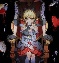 Rule 34 | 1girl, alternate costume, analog clock, armchair, bare shoulders, black background, blonde hair, bow, breasts, chair, clock, clock hands, coffee, commentary request, cup, dress, drinking, faceless, faceless male, genshin impact, genshingejung, hair between eyes, hair bow, heart, highres, holding, holding cup, knife, long hair, looking at viewer, lumine (genshin impact), melting, pocket watch, roman numeral, solo focus, stopwatch, tartaglia (genshin impact), twitter username, watch, yellow eyes