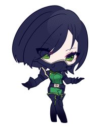 Rule 34 | 1girl, absurdres, animification, black footwear, black gloves, black hair, bodysuit, boots, chibi, gloves, green bodysuit, highres, kom0980, looking at viewer, mask, mouth mask, short hair, solo, thigh boots, thighhighs, v-shaped eyebrows, valorant, viper (valorant), walking, white background