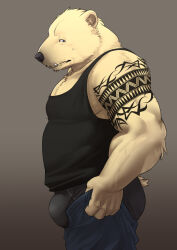 Rule 34 | 1boy, arm tattoo, ass lift, bara, belly, black male underwear, black tank top, bulge, bulge lift, denim, dressing, feet out of frame, from side, highres, i&#039;ve never seen a guy recreate this successfully tbh (meme), jeans, kotori (utopia), large pectorals, looking to the side, male focus, male underwear, mature male, meme, muscular, muscular male, open pants, original, pants, pants lift, pectoral cleavage, pectorals, short hair, solo, sweat, nervous sweating, tank top, tattoo, tusks, undersized clothes, underwear, white fur