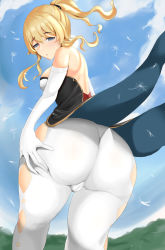 Rule 34 | 1girl, absurdres, ass, ass grab, backless outfit, bad id, bad pixiv id, bare shoulders, blonde hair, blue eyes, blush, bow, breasts, cameltoe, deep skin, from behind, genshin impact, gloves, hair bow, highres, huge ass, jean (genshin impact), large breasts, laz, long hair, looking at viewer, looking back, pants, ponytail, shiny clothes, shiny skin, sideboob, solo, tailcoat, tight clothes, tight pants