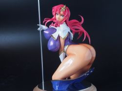 Rule 34 | 1girl, arched back, ass, bent over, blue eyes, blush, bouncing breasts, breasts, covered erect nipples, curvy, female focus, figure, gloves, gundam, gundam seed, gundam seed destiny, hair ornament, highleg, highres, hip focus, huge ass, huge breasts, leotard, long hair, looking at viewer, looking back, meer campbell, open mouth, photo (medium), pink hair, pole, purple leotard, shiny clothes, shiny skin, skin tight, smile, solo, star (symbol), star hair ornament, thick thighs, thighs, thong leotard, unaligned breasts, white gloves