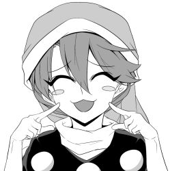 Rule 34 | 1girl, benizuwai, blush stickers, cropped torso, doremy sweet, closed eyes, finger to mouth, greyscale, hat, monochrome, nightcap, pom pom (clothes), smile, smug, solo, touhou