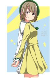 Rule 34 | 168admiral (sunflower), 1girl, arms behind back, artist name, artist request, belt, blush, breasts, brown hair, buttons, collarbone, female focus, green hat, green neckerchief, grey hair, hat, heart, highres, light brown hair, long sleeves, looking at viewer, looking back, love live!, love live! nijigasaki high school idol club, love live! school idol festival, medium breasts, mirai harmony, nakasu kasumi, neckerchief, own hands together, parted lips, purple eyes, red eyes, sailor collar, shirt, short hair, sideboob, skirt, smile, solo, white shirt, white skirt, yellow belt, yellow shirt, yellow skirt