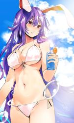 Rule 34 | 1girl, animal ears, asuzemu, bare arms, bare shoulders, bikini, blue sky, blush, breasts, cloud, collarbone, commentary request, cowboy shot, cup, day, drinking glass, drinking straw, food, front-tie bikini top, front-tie top, fruit, groin, hair between eyes, halterneck, holding, holding cup, holding drinking glass, large breasts, long hair, navel, orange (fruit), orange slice, outdoors, parted lips, pink eyes, purple hair, rabbit ears, reisen udongein inaba, side-tie bikini bottom, sidelocks, sky, solo, standing, stomach, swimsuit, thighs, touhou, very long hair, water drop, white bikini