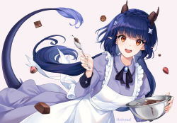 Rule 34 | 1girl, :d, absurdres, amber glow, aniroud, apron, blue hair, bowl, braid, brown eyes, candy, chocolate, chocolate bar, crown braid, dragon girl, dragon horns, dragon tail, dress, food, frilled apron, frills, fruit, highres, holding, holding bowl, holding spoon, horns, juliet sleeves, long hair, long sleeves, looking at viewer, open mouth, pointy ears, puffy sleeves, purple dress, smile, solo, spoon, strawberry, tail, teeth, twintails, upper teeth only, very long hair, virtual youtuber, white apron, xiulan long