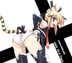 Rule 34 | 1girl, animal ears, ass, bent over, blush, elbow gloves, fang, gloves, hair ribbon, looking back, necktie, os-tan, osx, panties, ribbon, solo, tail, tail ornament, tail ribbon, thighhighs, tiger ears, tress ribbon, u (the unko), underwear