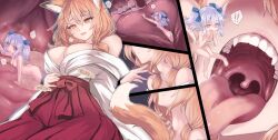 Rule 34 | 2girls, ?, animal ears, blonde hair, blue bow, blue hair, bow, breasts, bright pupils, cleavage, clothed female nude female, commission, fox ears, fox girl, fox tail, giant, giantess, hair bow, hand on own stomach, heart, high-waist skirt, highres, imminent vore, inside creature, japanese clothes, large breasts, light blue hair, mini person, minigirl, multiple girls, nude, open mouth, original, purple eyes, red skirt, saliva, saliva trail, scared, second-party source, skirt, small breasts, spoken heart, spoken question mark, stomach (organ), swallowing, tail, teeth, throat bulge, tongue, tongue out, utopia, uvula, vore, white pupils, yellow eyes
