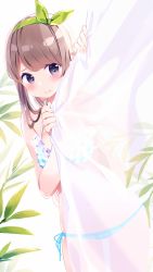 Rule 34 | 1girl, arm up, bare arms, bare shoulders, blush, bra, brown hair, chikuwa., closed mouth, collarbone, commentary, curtain grab, curtains, fingernails, green hairband, green ribbon, hair ribbon, hairband, hand up, highres, long hair, looking at viewer, original, panties, peeking out, plaid, plaid bra, plaid panties, purple eyes, ribbon, side-tie panties, solo, symbol-only commentary, transparent, underwear, underwear only