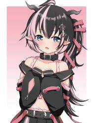Rule 34 | 1girl, :o, ahoge, belt, belt collar, black belt, black hair, black jacket, black skirt, black sleeves, blue eyes, blush, bra, collar, commentary request, cowboy shot, cropped jacket, demon girl, demon horns, detached sleeves, earrings, expressionless, fang, flat chest, flower, gradient background, grey horns, hair between eyes, hair flower, hair ornament, hair ribbon, highres, horns, jacket, jewelry, long hair, long sleeves, looking at viewer, medium bangs, midriff, multicolored hair, nanashi inc., navel, off shoulder, oinomori may, oinomori may (1st costume), one side up, open mouth, pink background, pink bra, pink hair, pink ribbon, pointy ears, ribbon, single earring, skirt, sleeveless, sleeveless jacket, sleeves past wrists, solo, two-tone hair, underwear, virtual youtuber, white background, yamapiyo