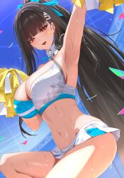 1girl absurdres alternate_costume alternate_hairstyle arm_up armpits black_hair blue_archive blurry blurry_background blush breasts cheerleader cleavage clothes_writing commentary_request crop_top highres holding holding_pom_poms kakumayu large_breasts long_hair looking_at_viewer millennium_cheerleader_outfit_(blue_archive) miniskirt open_mouth pom_pom_(cheerleading) pom_poms ponytail red_eyes rio_(blue_archive) skirt smile solo star_(symbol) star_sticker sweat thighs very_long_hair white_skirt