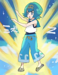 Rule 34 | 1girl, :o, baggy pants, bare arms, black pants, blue eyes, blue hair, blue one-piece swimsuit, blue sailor collar, bright pupils, capri pants, chiimako, creatures (company), crop top, full body, game freak, hairband, lana (pokemon), matching hair/eyes, nintendo, one-piece swimsuit, open mouth, pants, pokemon, pokemon sm, sailor collar, sandals, shirt, short hair, sleeveless, sleeveless shirt, solo, standing, swimsuit, swimsuit under clothes, trial captain, z-move