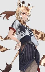 Rule 34 | 1girl, absurdres, animal ears, animal print, belt, blonde hair, bracelet, brown eyes, brown hair, chain, commentary, cowboy shot, extra ears, giraffe ears, giraffe horns, giraffe print, giraffe tail, grey background, hair between eyes, hand on own hip, highres, hip vent, horns, jewelry, kemono friends, looking at viewer, masai giraffe (kemono friends), multicolored hair, panties, panty pull, parted lips, ponytail, print scarf, scarf, short sleeves, simple background, smile, solo, tail, tanabe (fueisei), two-tone hair, underwear