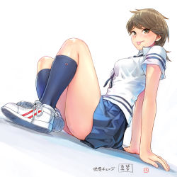 Rule 34 | 1girl, :p, arm support, artist name, ass, between breasts, blue ribbon, blue skirt, blue socks, blush, breasts, brown eyes, brown hair, carina (xiaowoo), character name, closed mouth, collared shirt, double vertical stripe, dutch angle, emblem, from side, full body, grey eyes, grey hair, highres, kaikan change, kneehighs, knees up, legs together, looking at viewer, looking to the side, makoto (carina), medium breasts, medium hair, miniskirt, neck ribbon, original, pleated skirt, ribbon, saionji makoto, school uniform, shadow, shirt, shoes, short sleeves, simple background, sitting, skirt, sneakers, socks, solo, striped clothes, striped shirt, swept bangs, thighs, tongue, tongue out, white background, white footwear, white shirt