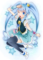 Rule 34 | 10s, 1girl, ;d, bad id, bad pixiv id, black thighhighs, blue background, blue eyes, blue hair, blue skirt, brooch, crown, cure princess, earrings, frills, full body, happinesscharge precure!, heart, heart brooch, jewelry, long hair, magical girl, matching hair/eyes, mini crown, necktie, one eye closed, open mouth, precure, ratryu, shirayuki hime, shoes, skirt, smile, solo, star (symbol), starry background, thighhighs, twintails, wink, wrist cuffs