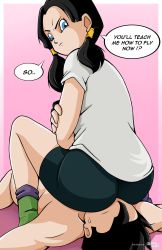 Rule 34 | 1boy, 1girl, alien, angry, ass, bike shorts, black gloves, black hair, blue eyes, couple, dragonball z, face in ass, girl on top, gloves, highres, lying, shirt, shorts, sitting, sitting on face, sitting on person, son gohan, sweat, tomboy, twintails, videl, white shirt