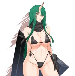 Rule 34 | 1girl, akitsuki karasu, arknights, arm behind back, arm ribbon, bare arms, bare shoulders, bikini, black bikini, black gloves, black ribbon, black scarf, breasts, cleavage, commentary request, cowboy shot, female focus, gloves, gluteal fold, green hair, grey eyes, groin, hair over one eye, highleg, highleg bikini, horns, hoshiguma (arknights), large breasts, long hair, navel, open mouth, parted lips, ribbon, scarf, side-tie bikini bottom, single horn, solo, standing, stomach, sweatdrop, swimsuit, thick thighs, thighs, very long hair, white background