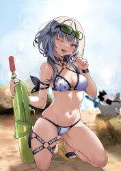 Rule 34 | 1girl, ;d, armband, bazo (vestia zeta), beach, bikini, blue eyes, blue nails, blush, breasts, candy, collar, day, food, grey hair, hair ornament, highres, holoh3ro, hololive, hololive indonesia, kneeling, lens flare, lollipop, medium breasts, navel, ocean, one eye closed, open mouth, outdoors, raikkonen, sandals, skindentation, sky, smile, solo, stomach, sunglasses, sunglasses on head, sweat, swimsuit, thigh strap, thighs, tongue, tongue out, vestia zeta, virtual youtuber, water, water gun, wink, wrist cuffs