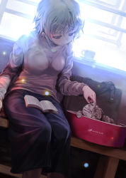 Rule 34 | 1girl, animal, arm at side, backlighting, bag, bench, black legwear, blush, book, breasts, cat, charm (object), commentary request, cup, dutch angle, earrings, headpat, highres, hoop earrings, indoors, jewelry, light particles, long skirt, long sleeves, medium breasts, mikazuki akira!, no pupils, open book, original, parted lips, pink sweater, purple eyes, purple skirt, saucer, school bag, short hair, silver hair, sitting, skirt, solo, sweater, teacup, whiskers, window, windowsill