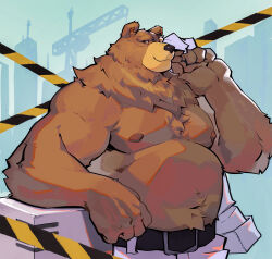 1boy animal_ears bara bear_boy bear_ears belly belt ben_bigger black_belt caution_tape commentary english_commentary fat fat_man furry furry_male highres holding holding_jacket holding_unworn_clothes jacket lanladeo looking_at_viewer male_focus muscular muscular_male navel nipples pants smile topless_male unworn_jacket white_jacket white_pants zenless_zone_zero