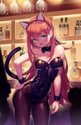 Rule 34 | 1girl, :o, alternate costume, animal ears, bare shoulders, black bow, black bowtie, black leotard, blurry, blush, bottle, bow, bowtie, breasts, breasts apart, brown hair, brown pantyhose, cat ears, cat girl, cat tail, collar, commentary, contrapposto, covered navel, cowboy shot, cup, depth of field, detached collar, drinking glass, fake animal ears, fang, fishnet pantyhose, fishnets, green eyes, hair between eyes, hand on own hip, head tilt, highleg, highleg leotard, highres, indoors, kittysuit, leotard, lim jaejin, long hair, looking at viewer, medium breasts, nontraditional playboy bunny, open mouth, pantyhose, solo, soulworker, standing, strapless, strapless leotard, tail, very long hair, white collar, wine glass, wrist cuffs