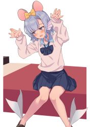 Rule 34 | 1girl, animal ears, blouse, blue bow, blue hair, blue shirt, blue skirt, blush, bow, brown footwear, chinese zodiac, commentary request, elliot leucosia, fins, fish girl, hair bow, hair ornament, head fins, highres, long sleeves, monster girl, mouse ears, open mouth, orange bow, original, shirt, simple background, sitting, skirt, smile, solo, takunomi, uniform, webbed hands, white background, white shirt, year of the rat, yellow bow